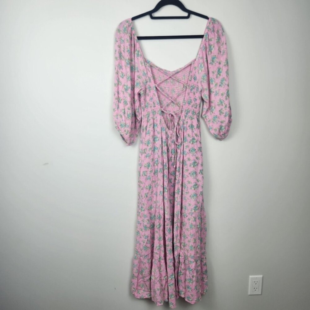 UO Odila Strappy Back Midi Dress Smocked Back Milkmaid Size Large Coquette - Picture 4 of 13